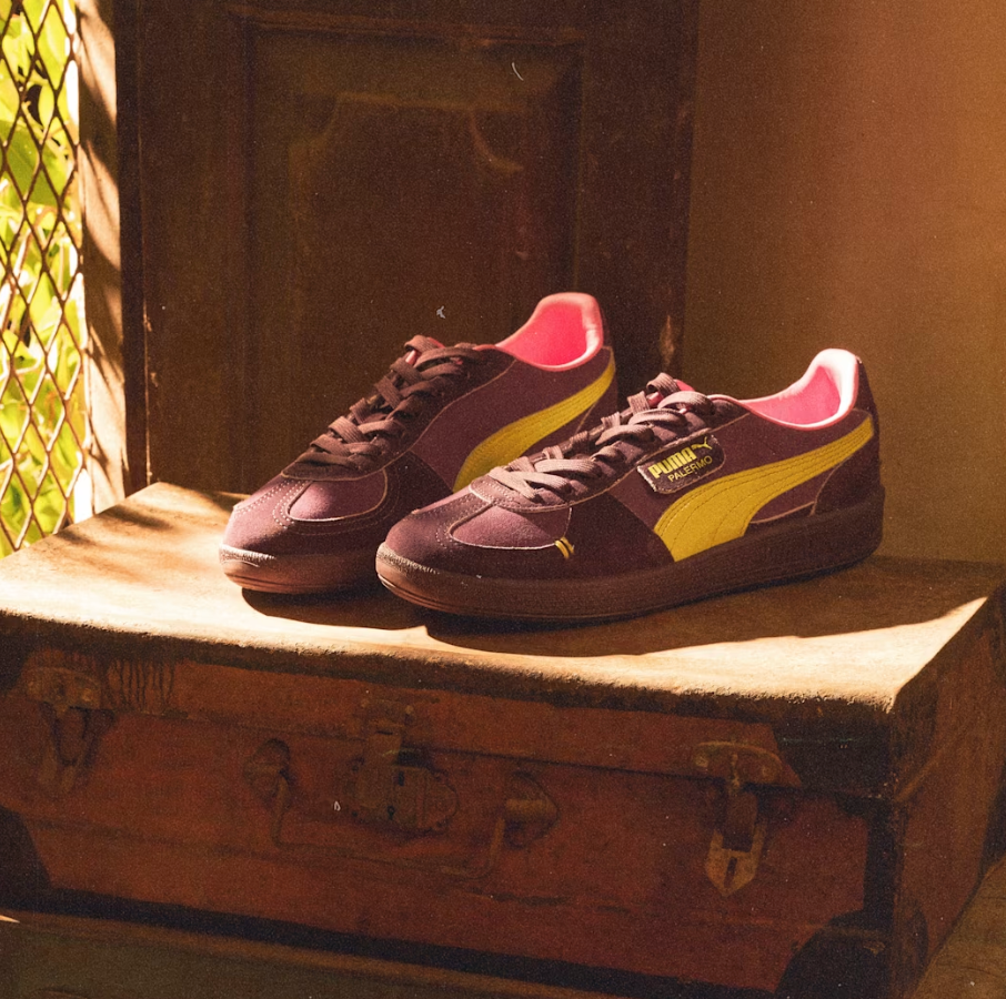 Dark purple and yellow PUMA Palermo sneakers placed on a vintage wooden trunk near a sunlit window, featuring retro suede styling, gum sole design, and classic streetwear-inspired aesthetics.